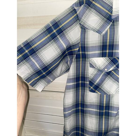VTG Western Frontier Men's Shirt Blue Plaid Pearl Snap 2 Pocket Short Sleeve LRG - Picture 2 of 5